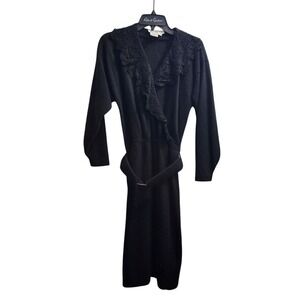 Together! Black Lambswool Angora Wrap Dress Lace Vintage Size 12